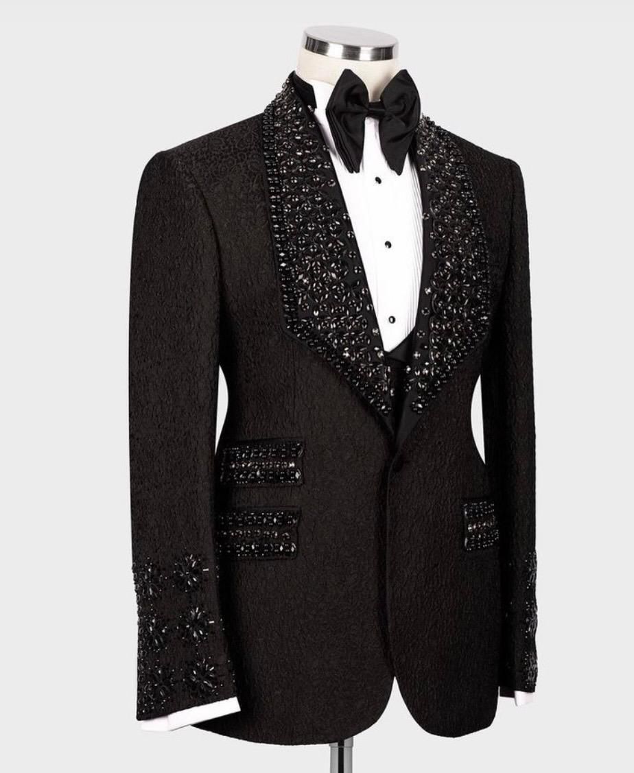 Création sur Mesure — Smoking Noir Jacquard & Cristaux Noirs