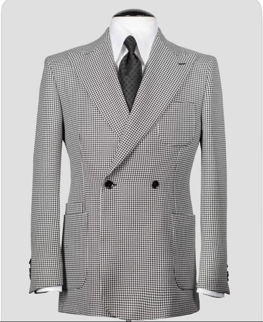 Création sur Mesure — Veste Croisée Pied-de-Poule Gris & Blanc