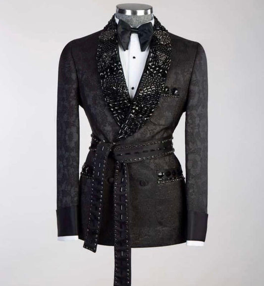 Création sur Mesure — Smoking Noir Jacquard Croisé & Ceinture Cristaux