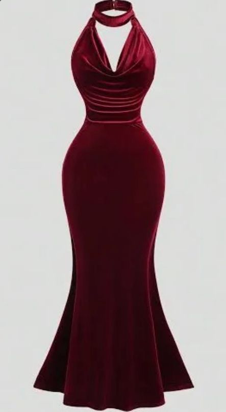 Création sur Mesure — Robe de Soirée Velours Bordeaux Col Choker & Trompette