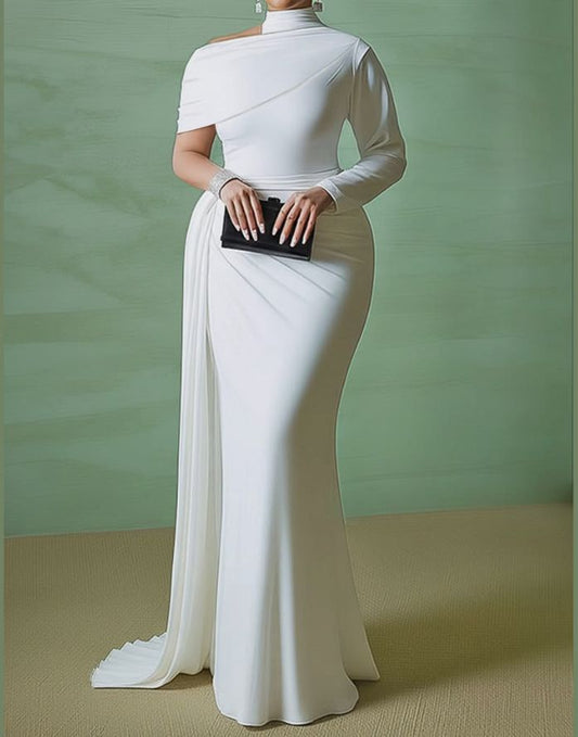 Création sur Mesure — Robe de Soirée Blanche Minimaliste Col Montant & Cape Asymétrique