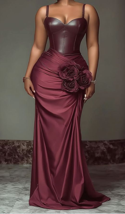 Création sur Mesure — Robe de Soirée Bordeaux Corset Cuir & Roses 3D Satin