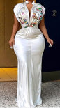 Création sur Mesure — Robe Longue Blanche Satin Col V & Broderies Florales