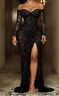 Création sur Mesure — Robe de Soirée Noire Dentelle Corset Off-Shoulder & Fente Haute