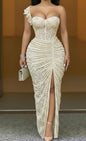 Création sur Mesure — Robe de Soirée Ivoire Dentelle Corset & Fente Centrale